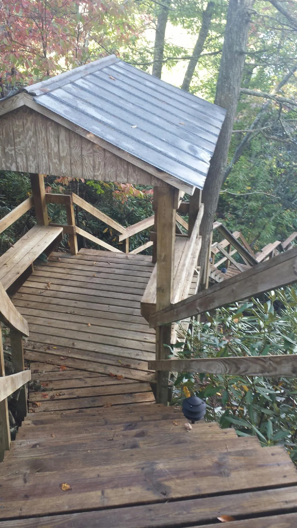 Metal roofed shelter over wooden steps on a wooded walkway — Skylight Repair & Installation work by our crew in Thornville